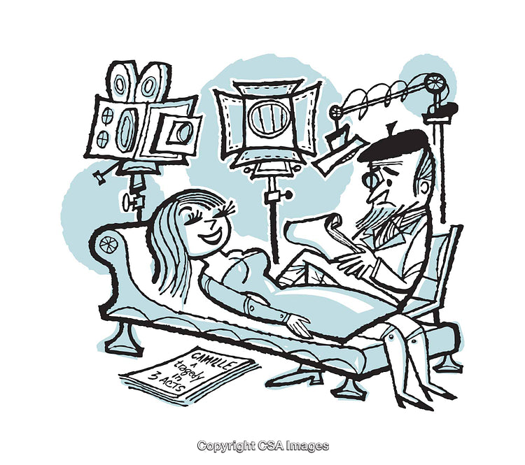 Cartoon Illustration of Theater Rehearsal Scene with Characters and Props