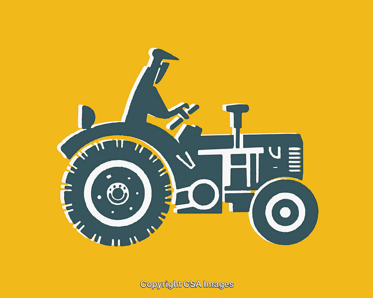Stylized Illustration of a Farmer Driving a Tractor on Yellow Background