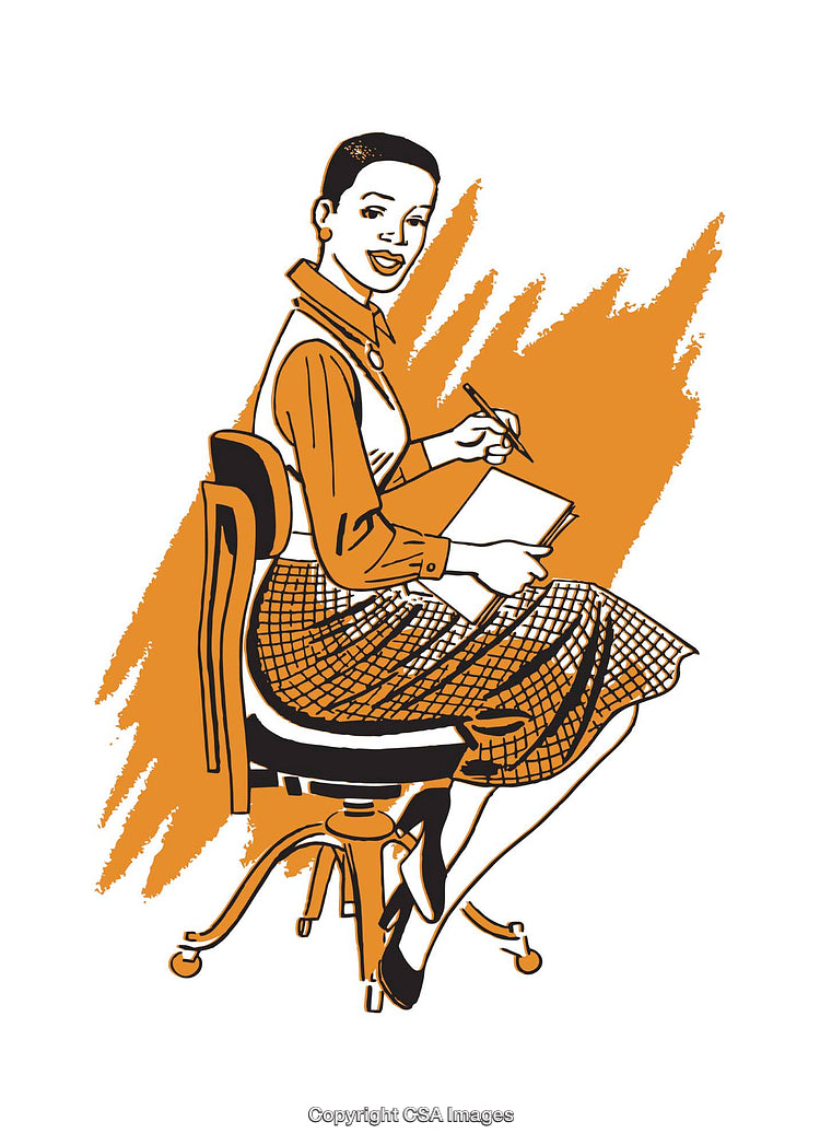 Stylized Illustration of a Woman Writing on Chair in Retro Classic Style