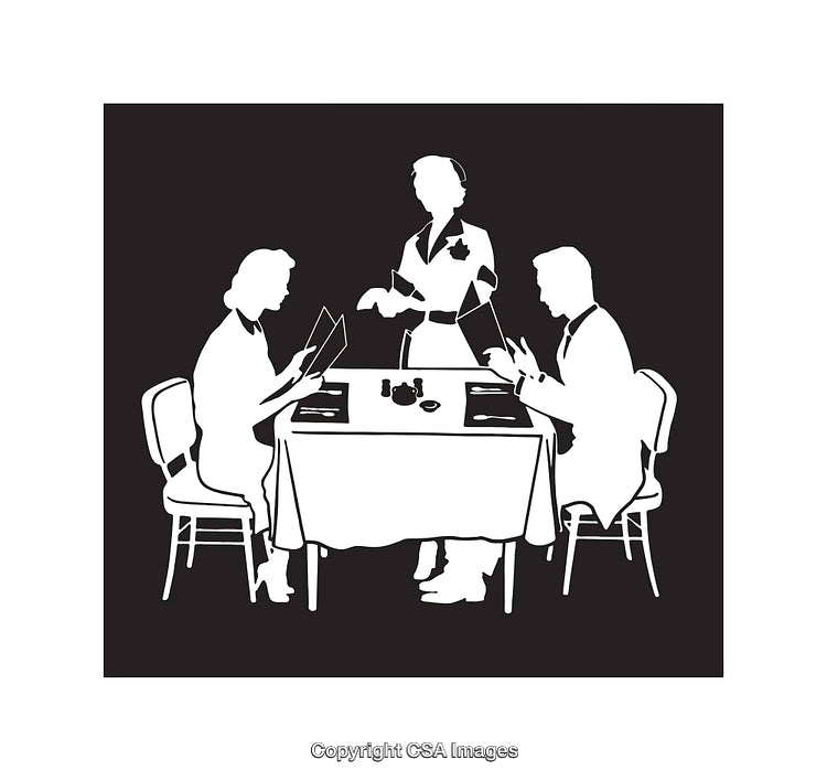 Black and White Line Art of People Dining at a Restaurant Table