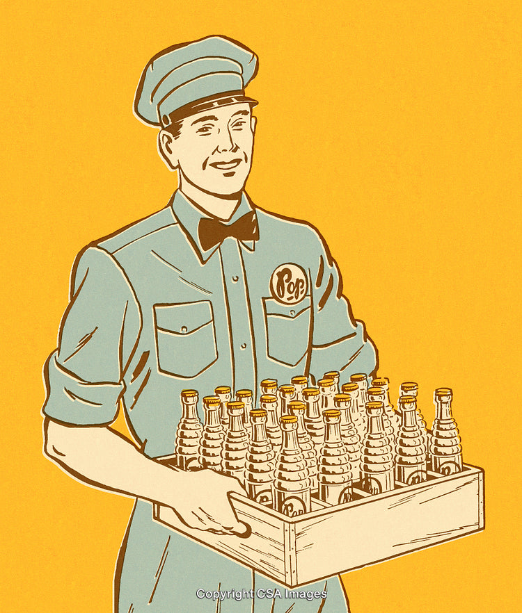 Retro Illustration of a Soda Deliveryman with Bottles in a Wooden Crate