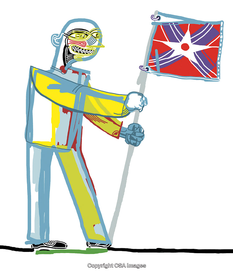 Abstract Illustration of a Colorful Figure Holding a Unique Flag