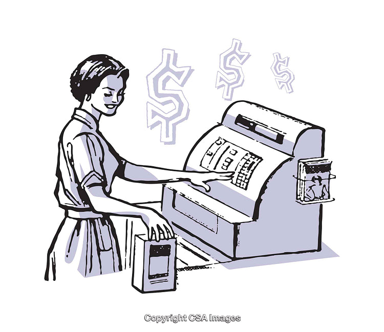 Vintage Illustration of Woman Operating a Cash Register for Business