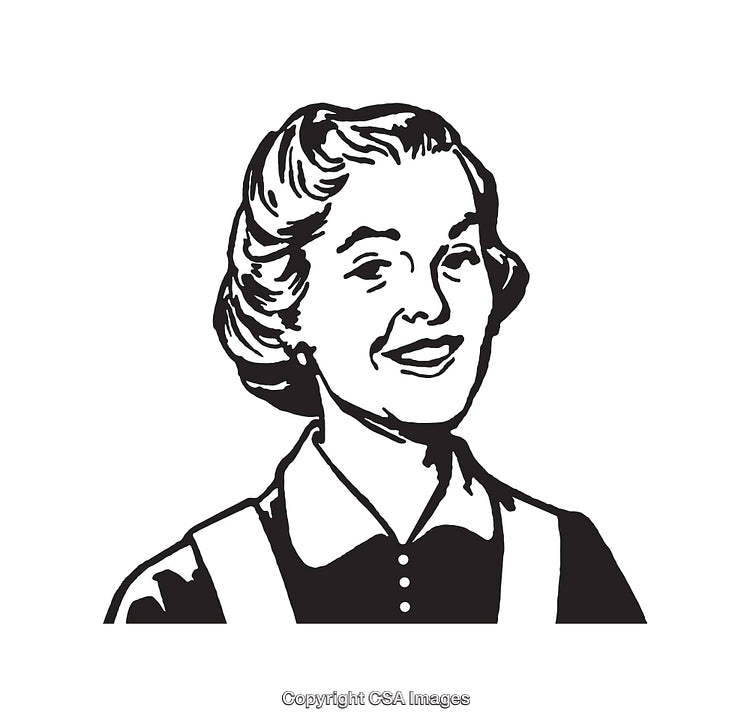 Vintage Line Art Illustration of a Smiling Woman in Apron