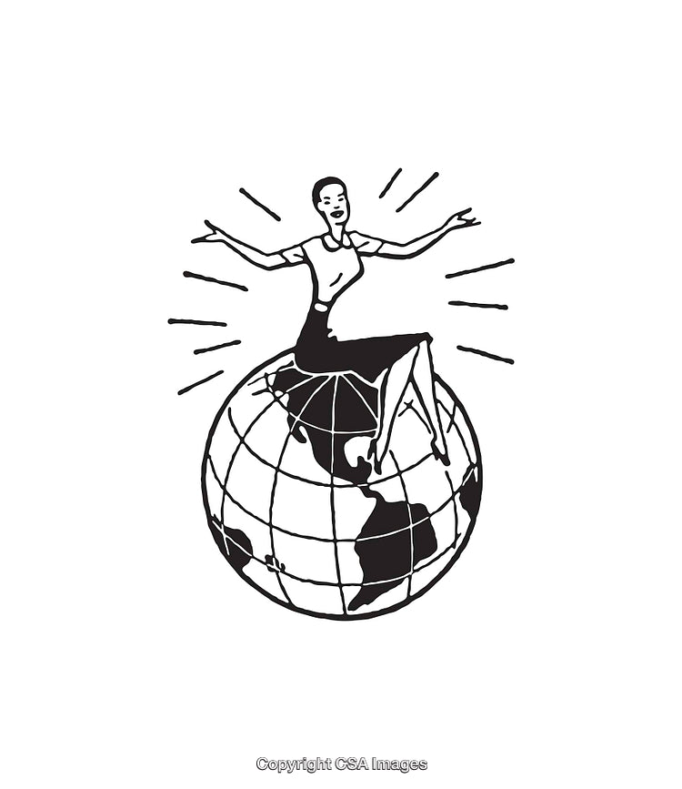 Woman Sitting on a Globe Illustration with Radiating Lines