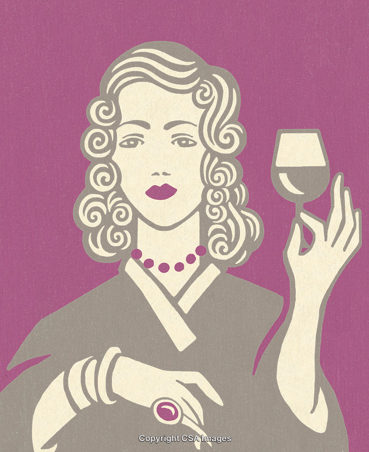 Elegant Vintage Woman Holding Glass of Wine in Minimalist Art Style