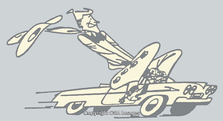 Cartoon-Sketch of a Man in Motion with a Retro Car