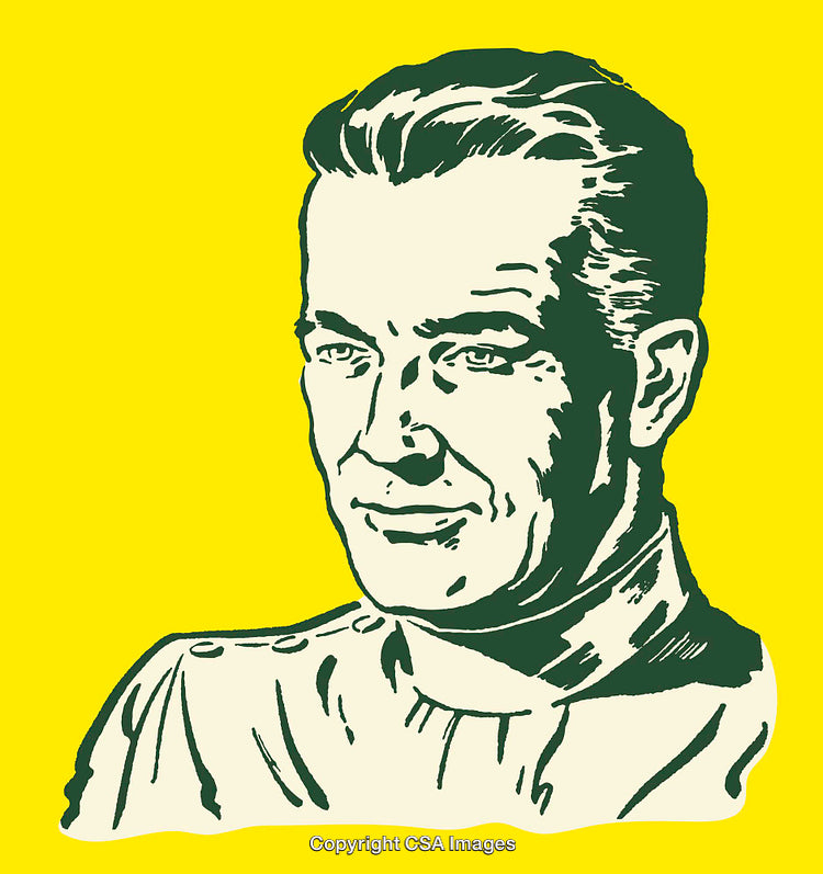 Vintage Illustration of a Man in Line Art Style on Yellow Background