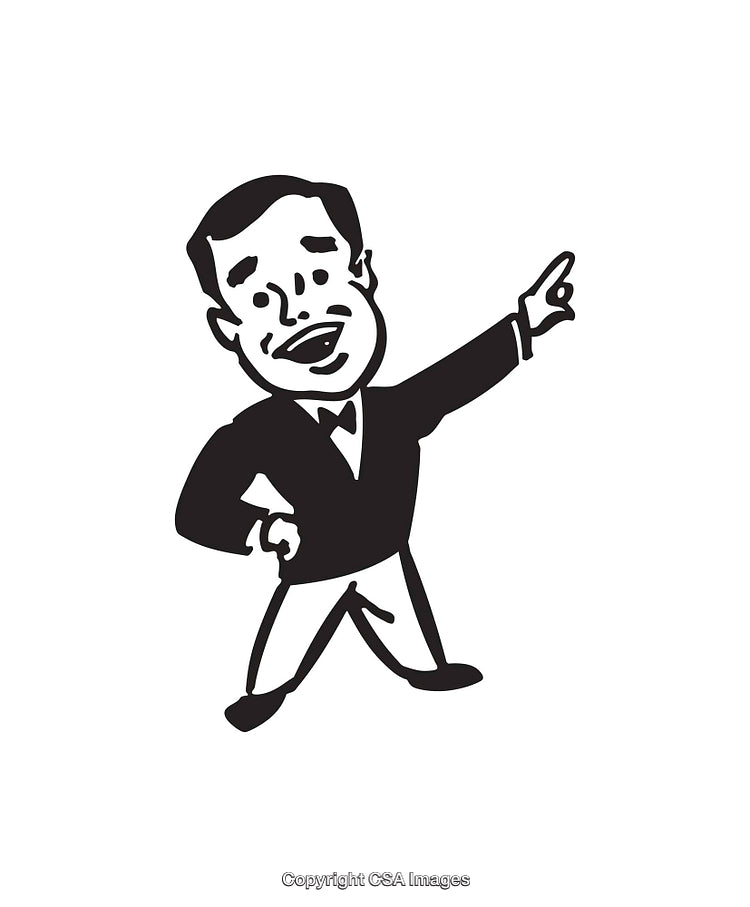 Vintage Black and White Line Art Illustration of a Pointing Businessman