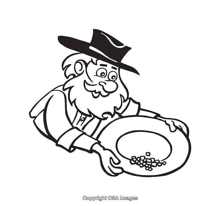 Cartoon Gold Prospector Looking at Nuggets in a Gold Pan
