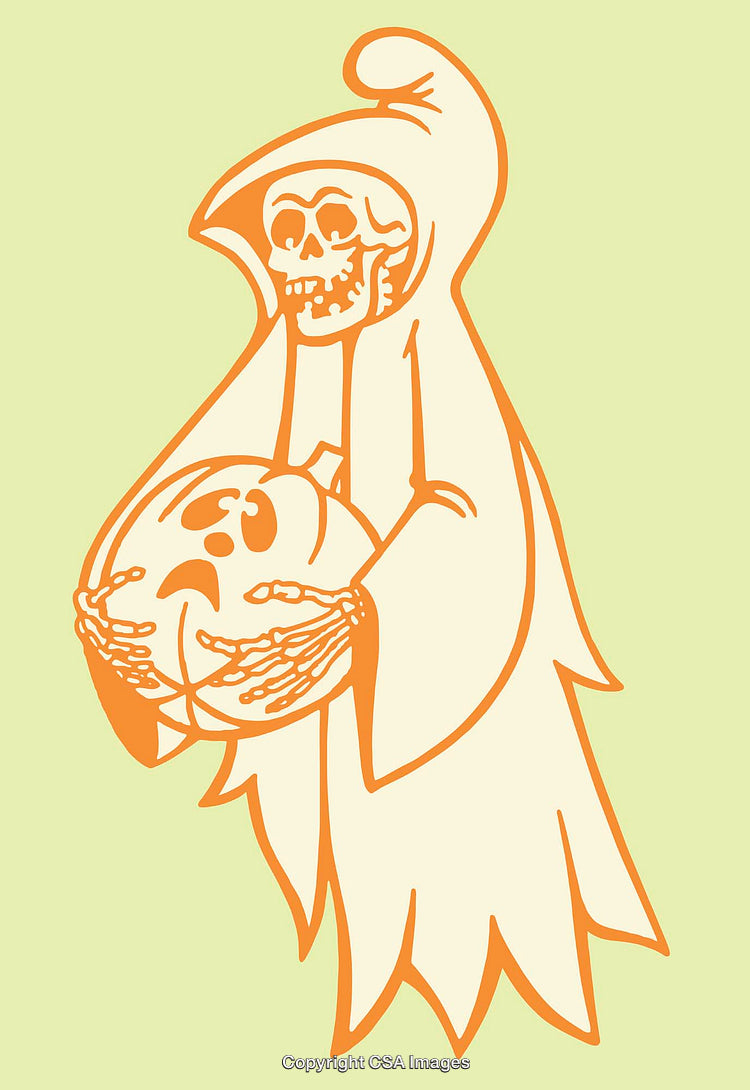 Skeleton in Hood Holding a Pumpkin in Vintage Line Art Style