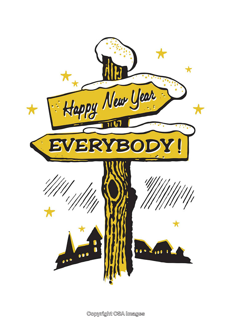 Illustrated Cheerful Happy New Year Message on Wooden Signpost