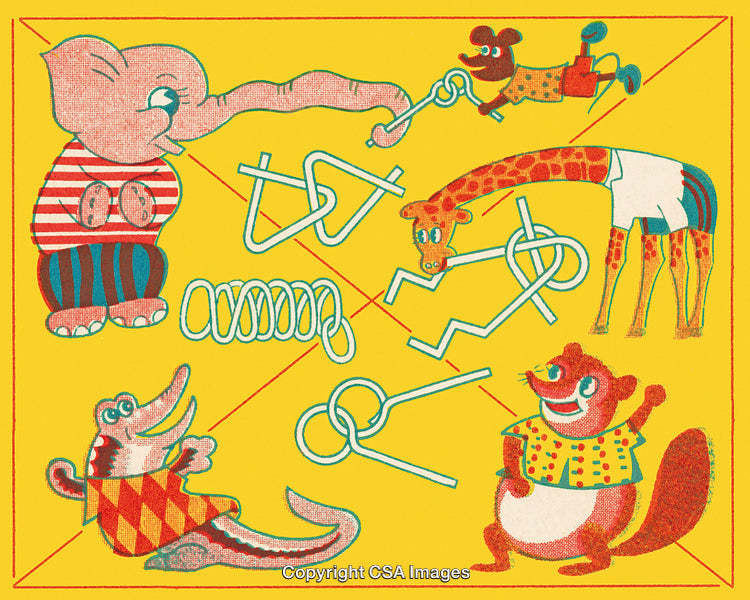 Colorful Cartoon Animals with Geometrical Shapes on Yellow Background