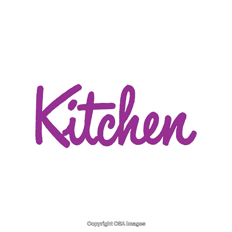 Purple Script Text Saying Kitchen on a White Background
