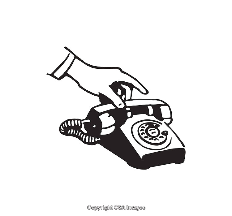 Vintage Hand Holding Rotary Telephone Black and White Illustration
