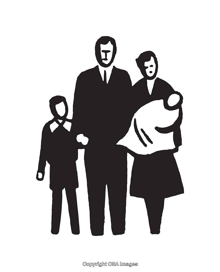 Black and White Silhouette Family Illustration with Baby