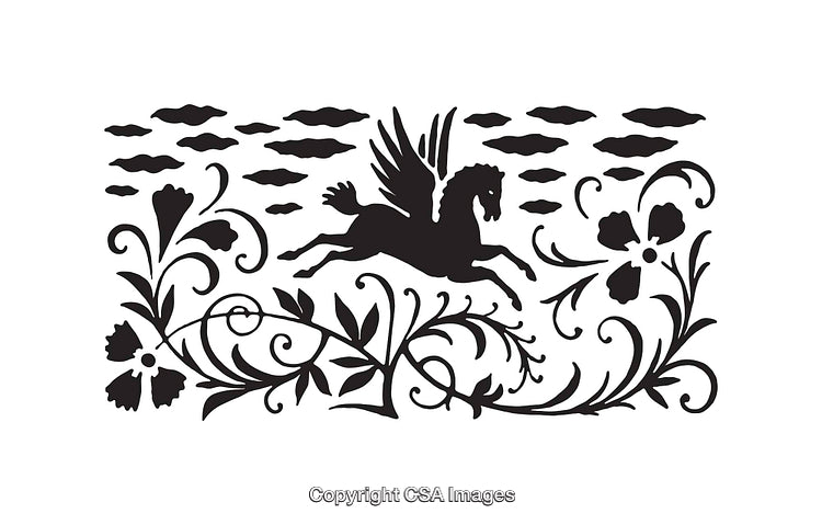 Elegant Black And White Pegasus Line Art With Floral Decorations