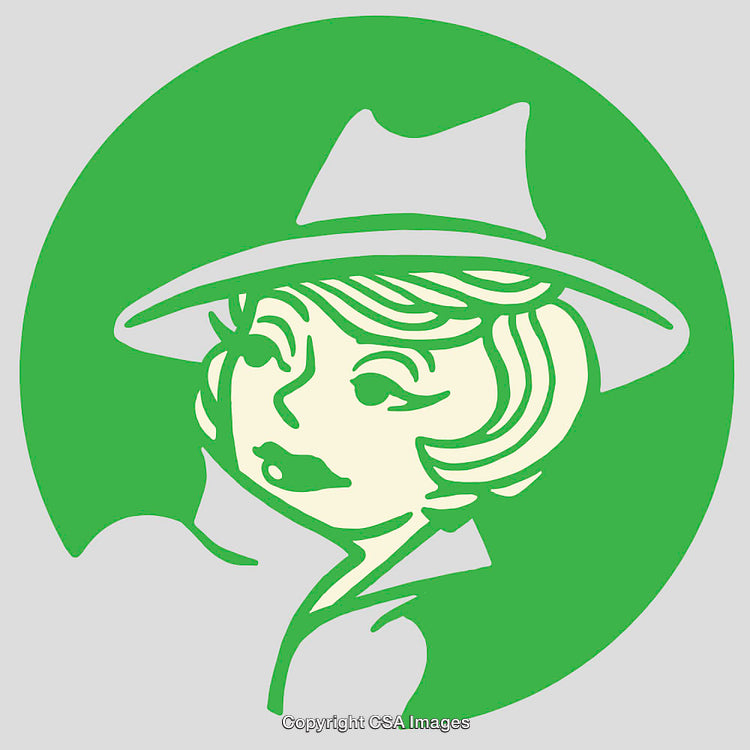 Stylized Green and White Line Art Featuring Woman in Wide-Brimmed Hat