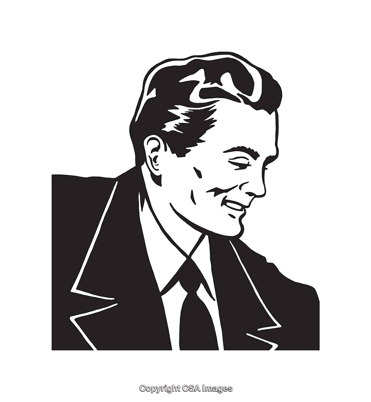 Black and White Line Art Illustration of a Smiling Businessman