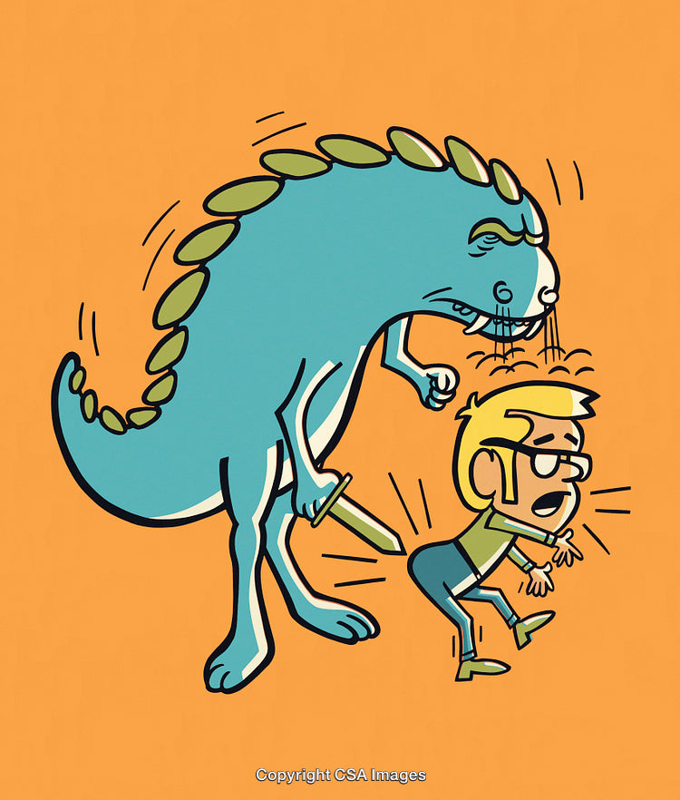 Cartoon Illustration of Dinosaur Stabbing a Shocked Man with a Knife