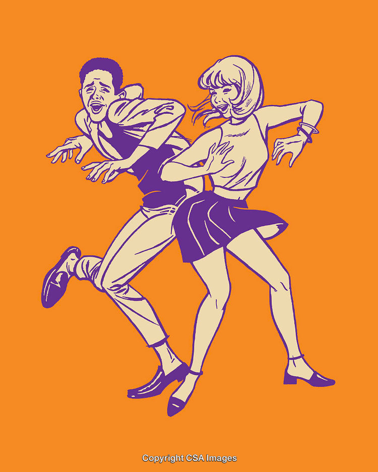 Dancing Couple in Retro Style on Bold Orange Background
