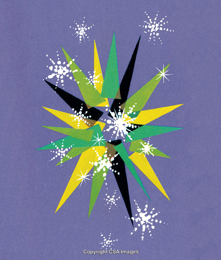 Abstract Geometric Design Featuring Colorful Spikes and Sparkles on Purple Background