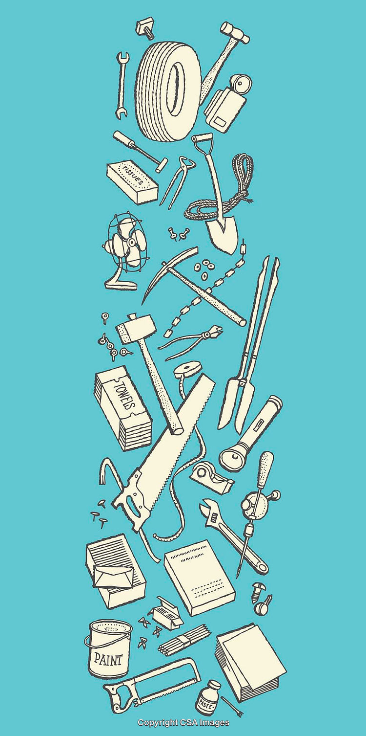 Collection of Vintage Tool Illustrations on a Blue Background