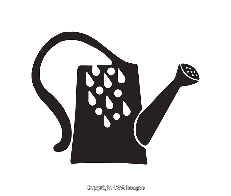 Black and White Illustration of a Watering Can with Raindrop Details