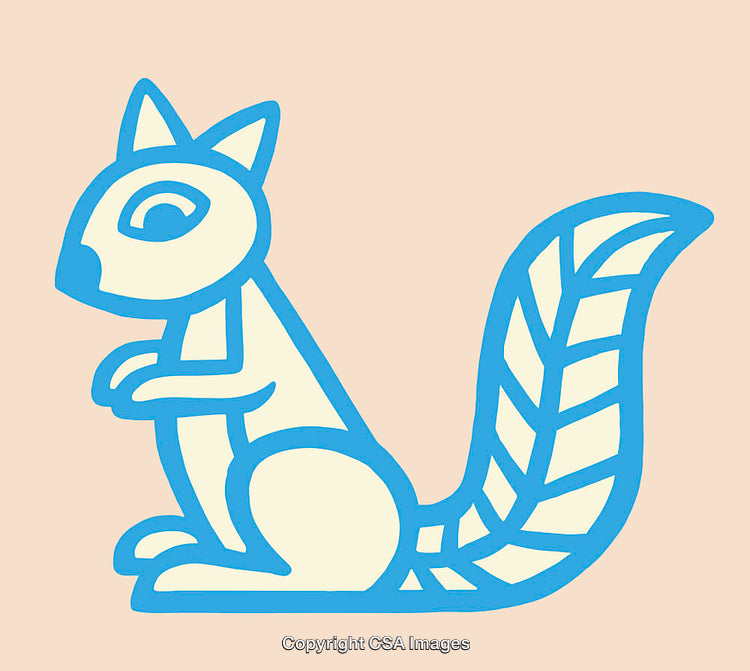 Cartoon Squirrel Illustration with Leaf Patterned Tail in Blue Line Art Style