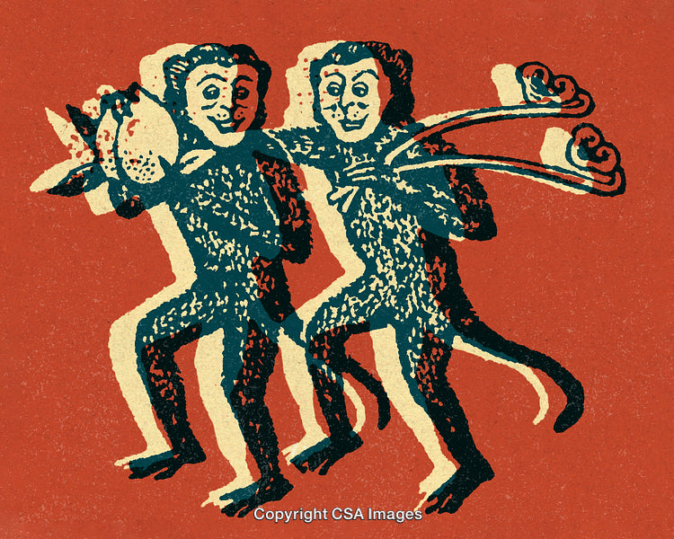 Two Artistic Monkeys Dancing on a Vibrant Retro Background