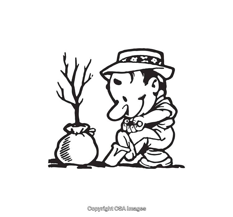 Black and White Cartoon of a Farmer Planting a Young Tree