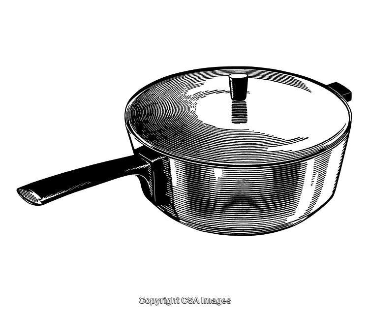 Detailed Black and White Engraving of a Cooking Pot with Lid