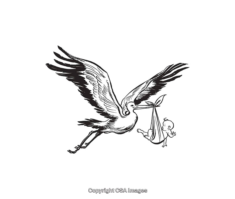 Black and White Illustration of a Stork Carrying Baby in a Bundle