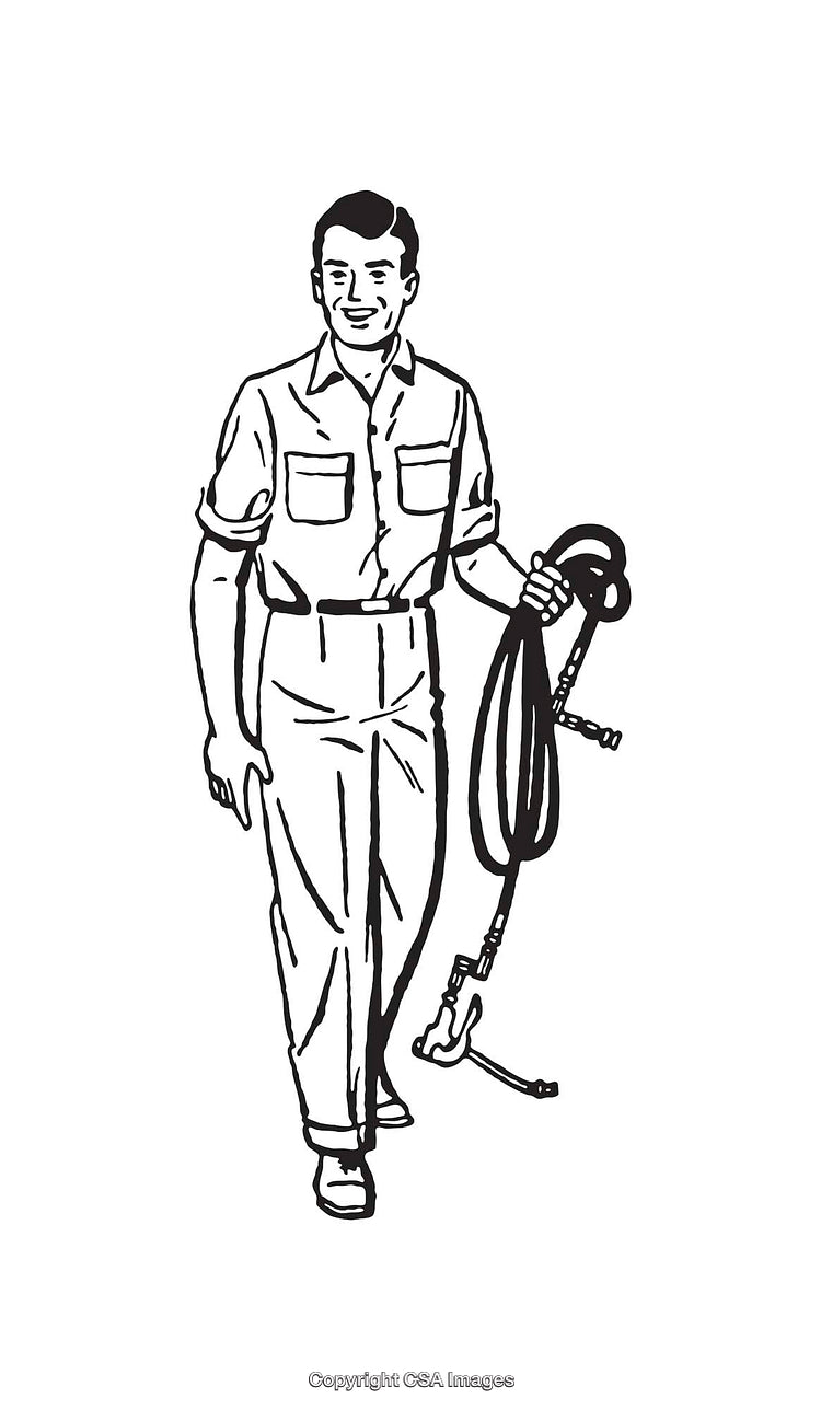 Retro Style Line Art of a Worker Holding a Hose