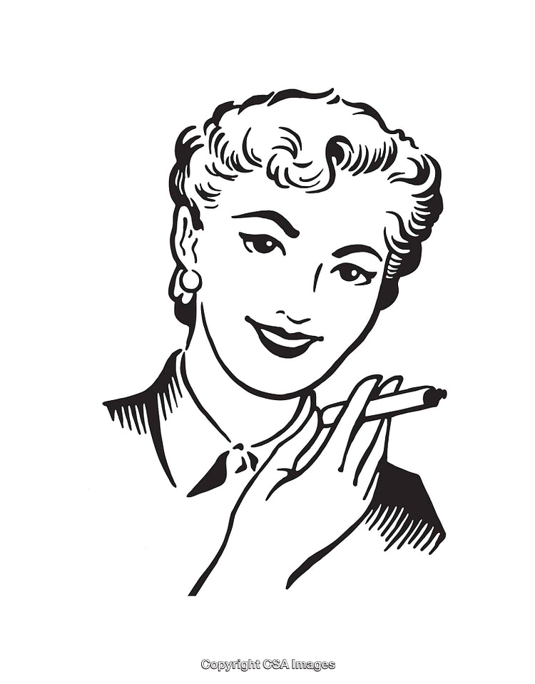 Vintage Retro Lady Icon with Cigarette in Black and White Line Art