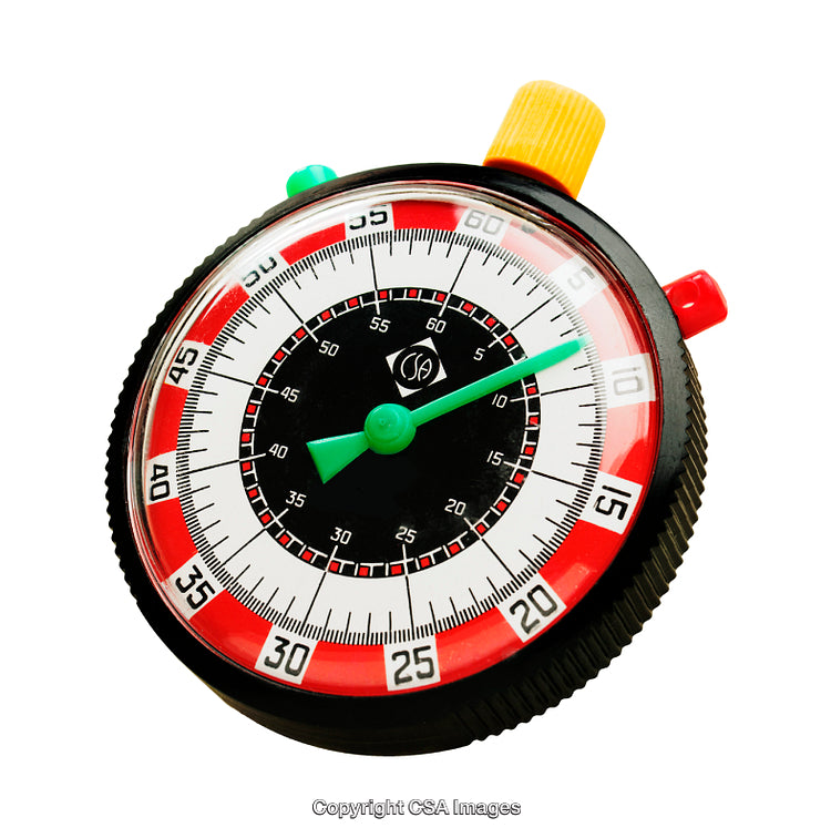 Colorful Plastic Stopwatch Toy with Vibrant Details on White Background