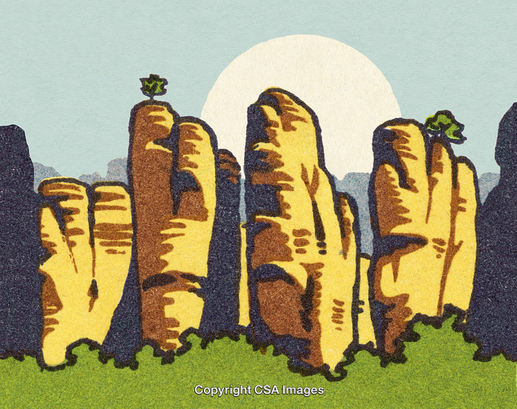 Illustration of Tall Rocky Pillars with Vegetation and a Setting Sun