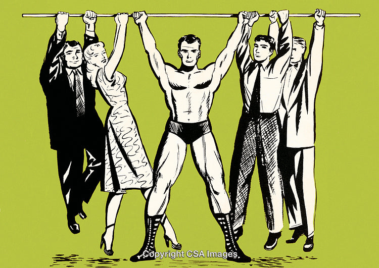 Retro Illustration of a Bodybuilder Carrying People on a Bar