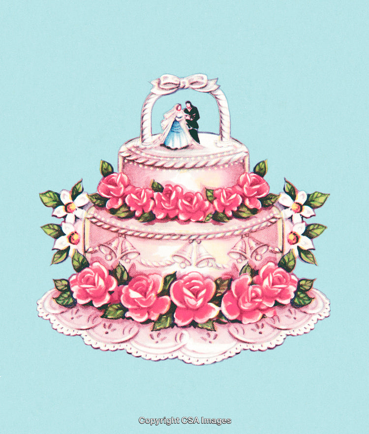 Elegant Wedding Cake Illustration With Floral Decorations and Blue Background