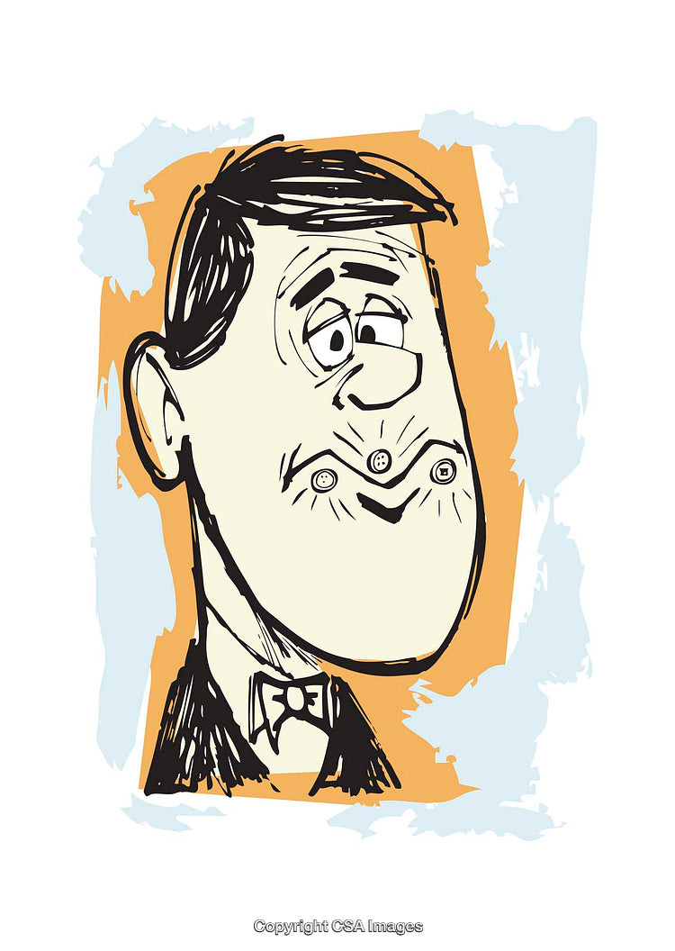 Cartoon Illustration of a Pensive Man in a Suit and Bow Tie