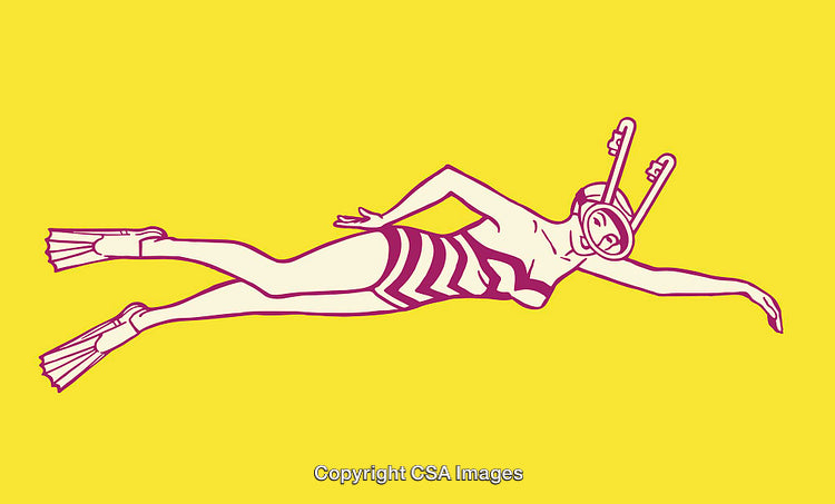 Stylized Illustration of Swimmer with Snorkel and Flippers on Yellow Background