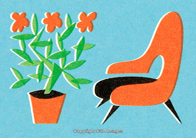 Abstract Illustration of Retro Chair and Potted Flowers on Blue Background
