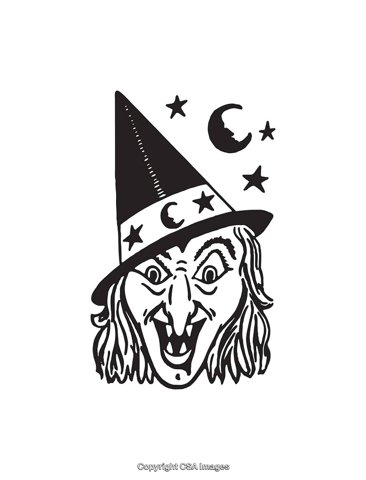 Black and White Witch Illustration with Stars and Moon Accents