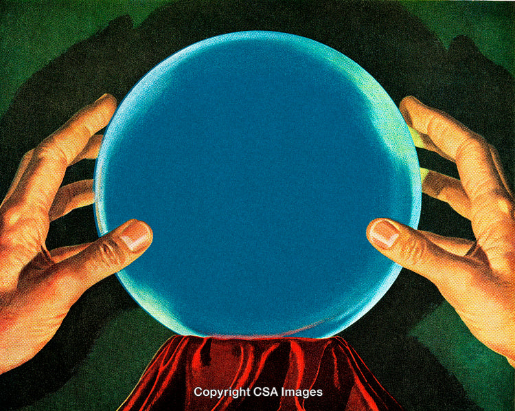 Hands Holding a Mystical Glowing Crystal Ball on Red Cloth
