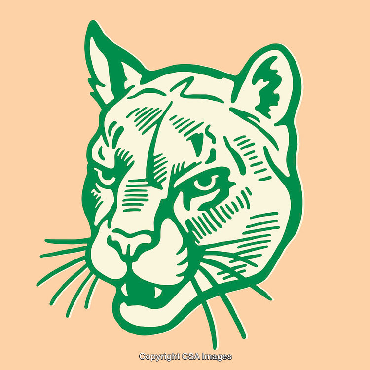Green Line Art Illustration of a Puma Face on a Beige Background