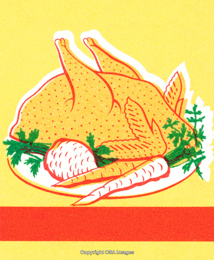 Colorful Illustration of a Roast Chicken with Vegetables on a Plate