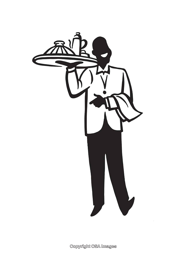 Black and White Illustration of a Waiter Carrying a Tray