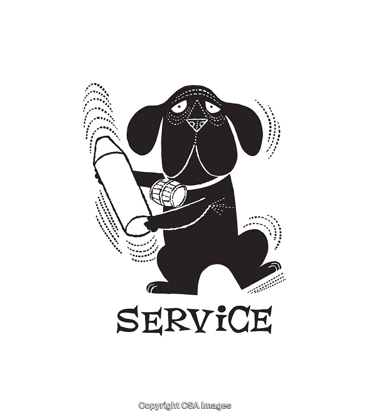 Black and White Illustration of a Dog Holding a Service Device