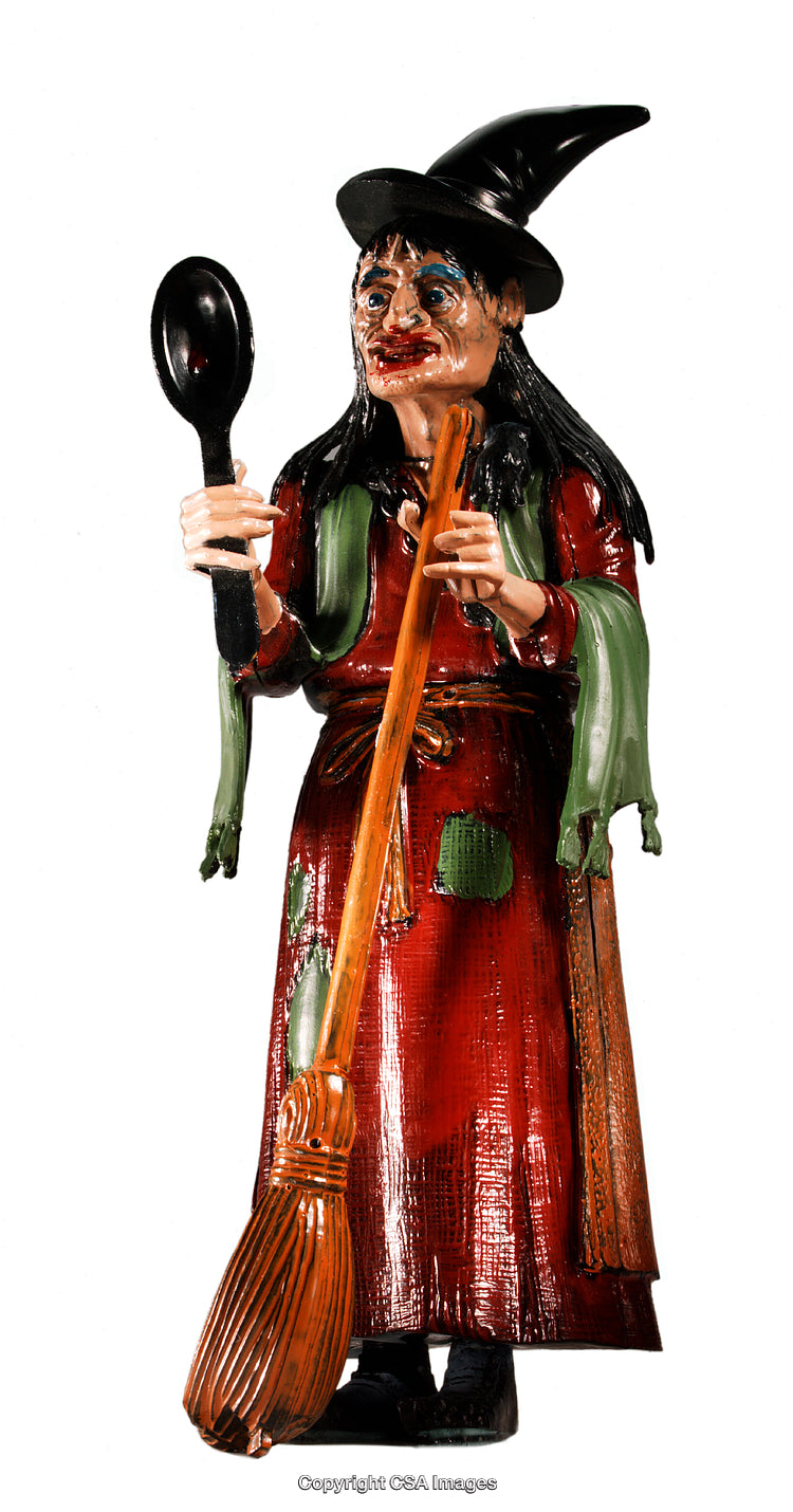 Colorful Figurine of a Witch Holding Tools in Detailed Attire