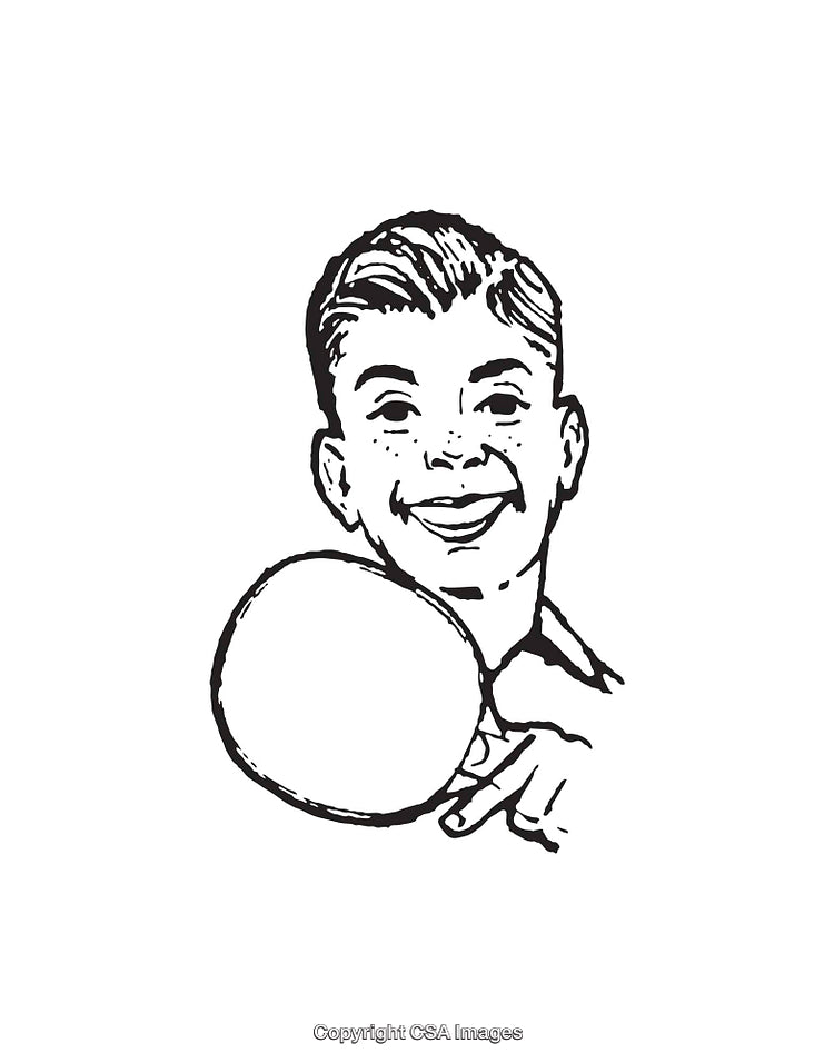 Vintage Black And White Illustration of Cheerful Boy With Rounded Object